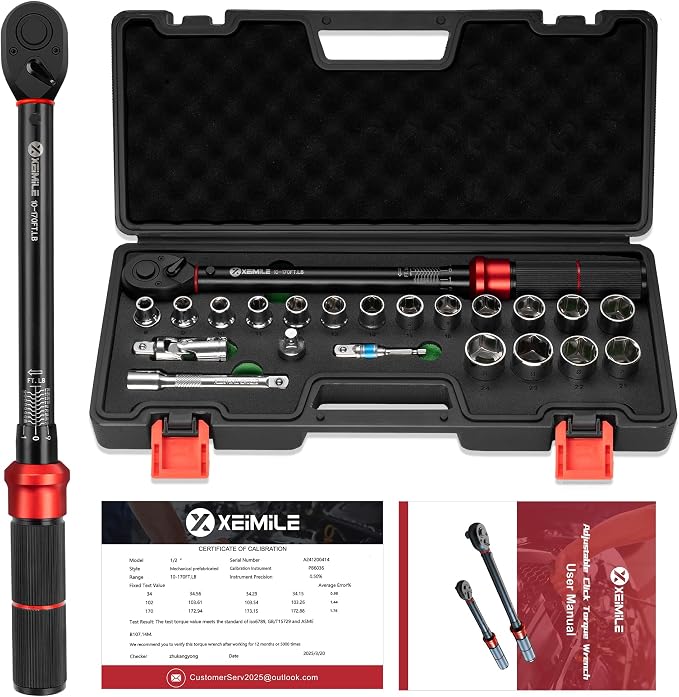 1/2 Inch Drive Torque Wrench Set 10-170 Ft-Lb for Lug Nut Car Moto | Click Inch Pound Torque Socket Set(13.6-230.5Nm),72T Dual Direction 3% Precision, Adjustable Wrench for Bicycle Tire DIY