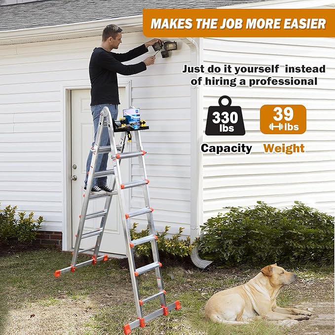 Soctone Ladder, A Frame Extension Ladder, Multi Position with Stabilizer Bar, 330 lbs Weight Rating Telescoping Ladder for Household or Outdoor Work, 22.5 Ft, Orange