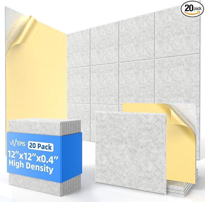 20 Pack Acoustic Panels with Self Adhesive Sound Proof Foam Panels for Wall | 12" X 12" X 0.4" High Density Soundproof Wall Panels, Brick Sound Absorbing Panels for Home Studio Office Decor - Gray