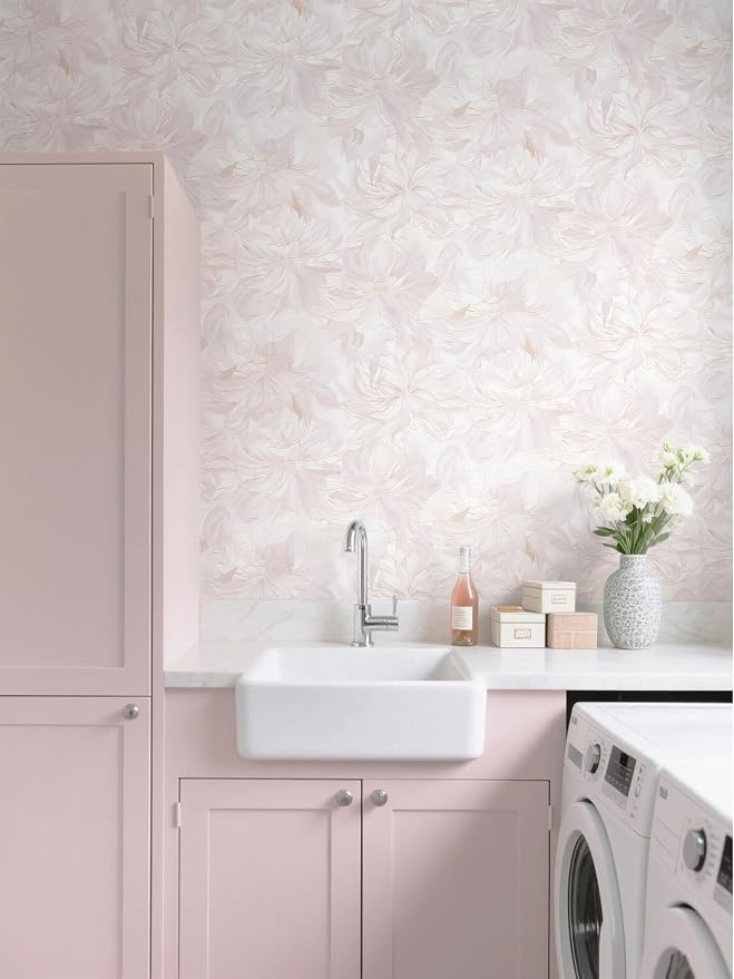 393"x17.3" Peel and Stick Wallpaper Pink Floral Boho Cute Contact Paper Pink Girly White Flower Wallpaper Removable Dorm Girls Wall Paper Self Adhesive Modern Kitchen Bedroom Vinyl Roll