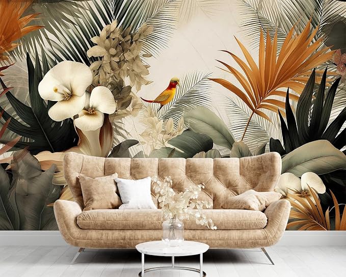 Toolhom Flower Series Mural Colorful Leaves Seamless wall Mural | 127"x77" non-self-adhesive birds resting on flowers wallpaper for bedroom, living room, bathroom background wall decoration