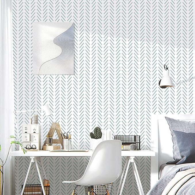 Erfoni Peel and Stick Wallpaper Green Herringbone Wallpaper for Bathroom | 17.7in x 118.1in Modern Geometric Removable Contact Paper Green and White Line Peel Stick Self Adhesive Wallpaper for Walls