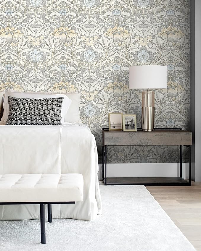 NextWall Acanthus Floral Peel and Stick Wallpaper (Daydream Grey & Pearl Blue)