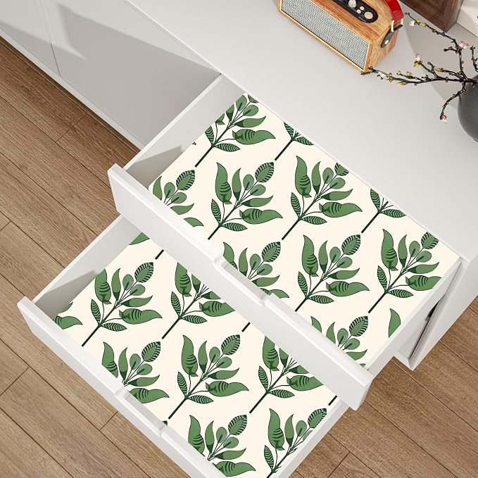 BOKEBEVE Super Long Boho Leaf Wallpaepr Peel Stick Green Beige 17.5 x 787In | Leaves Contact Paper Boho Wallpaper for Accent Wall Bedroom Bathroom Drawer Modern Waterproof Removable