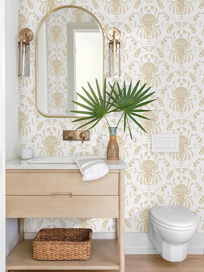 Dimoon Beige Peel and Stick Wallpaper Coastal Contact Paper Bathroom Ocean Wallpaper Boho Jellyfish Renter Friendly Waterproof for Cabinet Kitchen Bedroom Vinyl 17.3''x394''