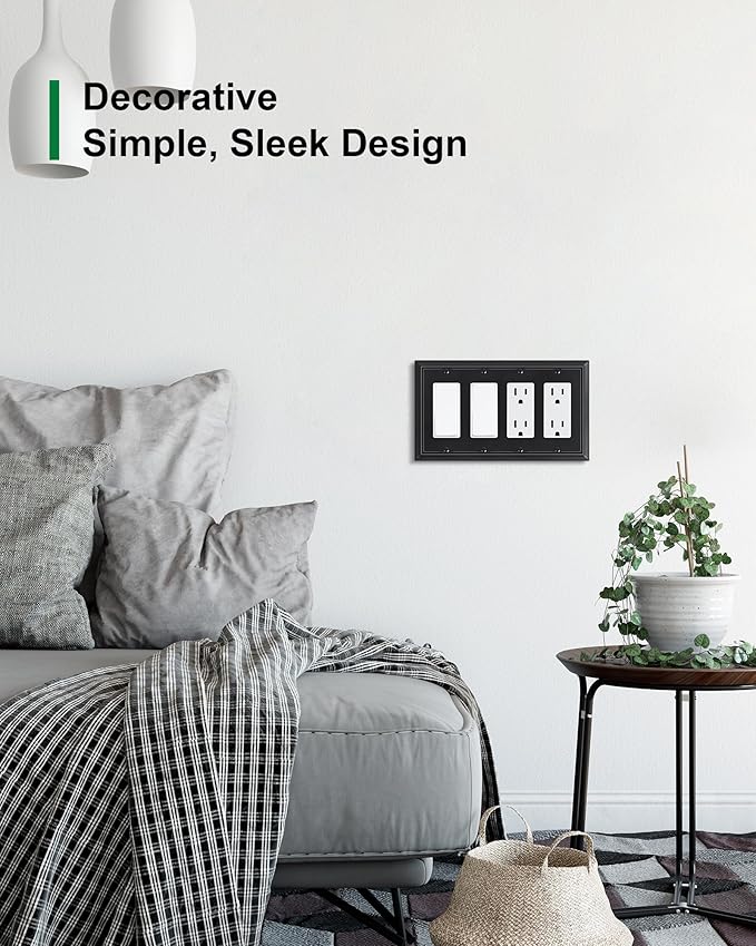 2-Pack Quad Decorator Wall Switch Cover, Black Decorative Switch Plates and Outlet Covers, Natural Bamboo Fiber 4 Gang Wall Plate for Electrical Outlets, Receptacle, GFCI Outlet, Dimmer Switch