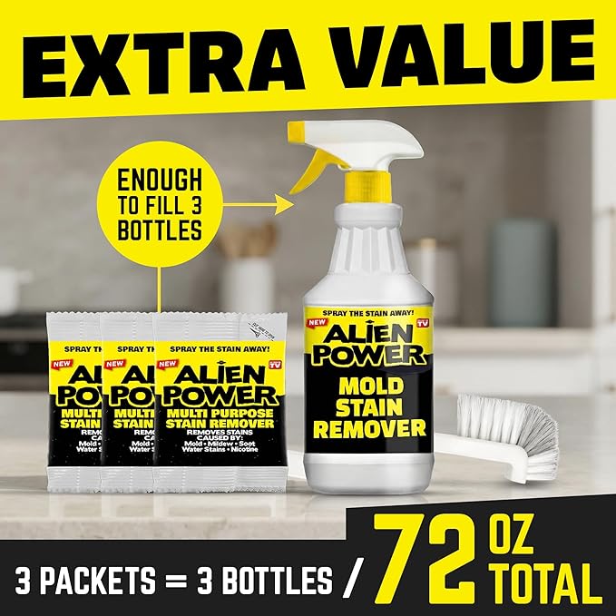 Alien Power 72 Fl Oz Instant Stain Remover Spray for Mold and Mildew and Grout, All Purpose No-Scrub Cleaner for Bathroom & Household Surfaces, Tiles, Wall, Black Mold & Washing Machines - 3 Pack Set