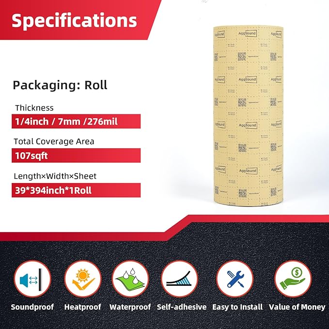 Sound Deadening Mat 1/4inch(7 mm) 107.64sqft - Car Sound Deadening Material Closed Cell Foam - Heat Insulation PE Foam Sound Deadener Material & Heat Barrier