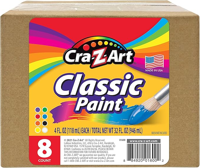 Cra-Z-Art Washable Classic Paint Bulk Pack 8ct, Assorted Colors 4oz each bottle