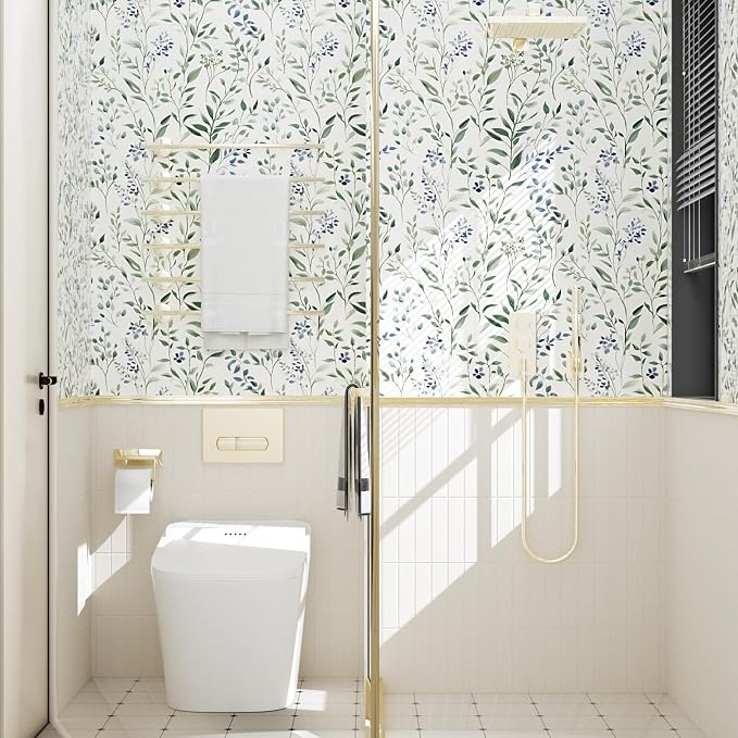 ILHIIOR Blue Leaf Wallpaper Boho Peel and Stick Wallpaper Green Leaf Vintage Contact Paper White Floral Wall Paper Removable Wallpapers Self Adhesive for Cabinet Drawers Wall Decor 17.5''x118.1''