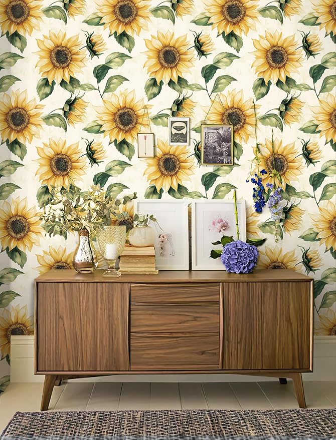 Yasinet Sunflower Peel and Stick Wallpaper Boho Floral Wallpaper Yellow Vintage Contact Paper for Bedroom Cabinets Farmhouse Waterproof Removable Self-Adhesive Wall Paper for Wall Vinyl 17.3''×78.7''