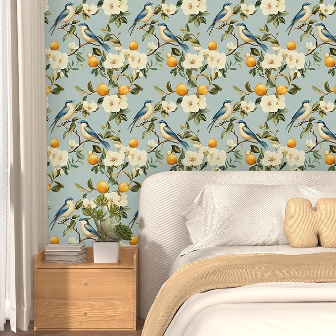 Blue Bird Peel and Stick Wallpaper, Vintage Beige Floral Fruits Contact Paper, Retro Botanical Wall Paper 17.5" x 118" Self Adhesive Removable Waterproof for Bedroom Shelves Cabinet Drawer Table