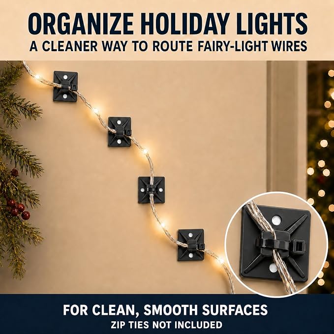 100 PCS 1" Adhesive Cable Tie Mounts – Strong Sticky Back Nylon Wire Holders for Cable Management in Home, Office, Car & Christmas Lights (BLACK-100)