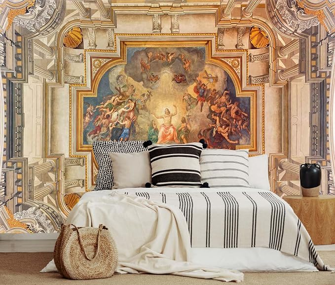 Jdayda Gold Rome Church Ceiling Wallpaper Mural Renaissance Art | 127"x96" Not Self-Adhesive Wall Mural Baroque Art Wall Decoration for Bedroom Living Room