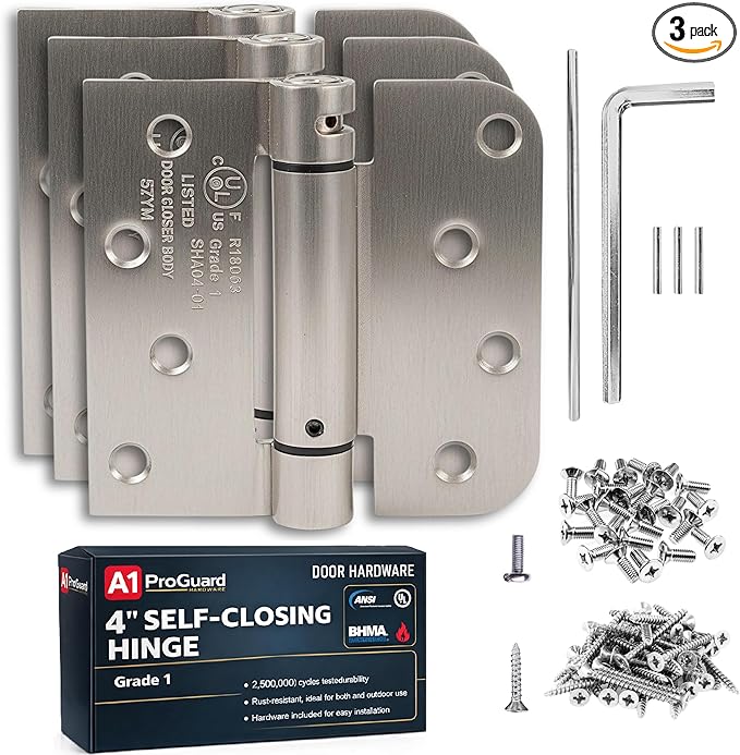 A1 ProGuard - Self Closing Spring Loaded Hinges, 4 Inch, Adjustable Tension for Garage, Front, Back Door,Door Closer Hinge, Left/Right Hand, 5/8'' Radius and Square Corners, Brushed Nickel, 3 Pack