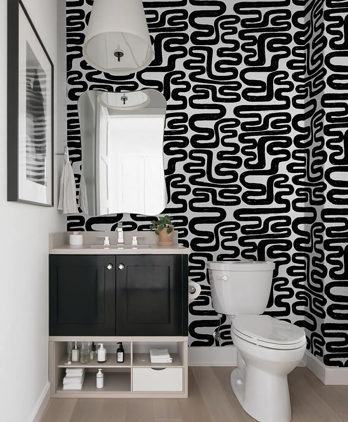 Peel and Stick Wallpaper Black and White Wall Paper Modern Geometric Self-Adhesive Removable Contact Paper Thicken Waterproof Easy to Clean Decorative for Bedroom Bathroom Film 17.3in x394in