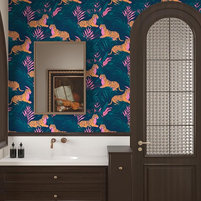BOKEBEVE Tropical Tiger Wallpaper Peel and Stick Green Pink 17.5 x 787In | Super Long Removable Renter Friendly Jungle Tiger Wall Paper for Bedroom Bathroom Living Room Feature Accent Wall