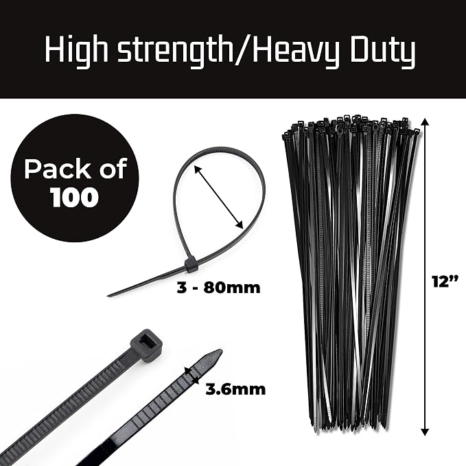 Bolt Dropper 12-Inch Black Zip Ties 100 Pack - Heavy Duty, Self-Locking Nylon Cable Ties for Indoor and Outdoor Projects - UV and Weather Resistant with 40 lbs Tensile Strength Wire Ties