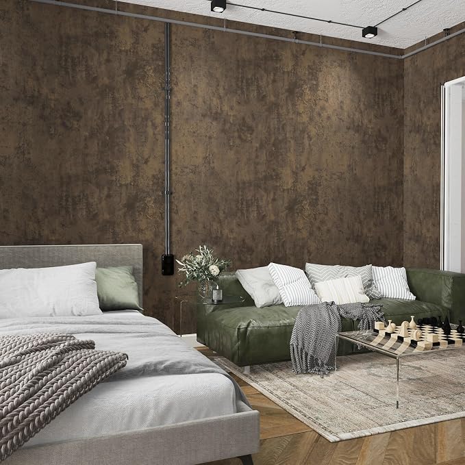 32x157inch Wide Dark Brown Concrete Wallpaper Peel and Stick Tan Cement Contact Paper Retro Industrial Style Wall Paper Matte Thick Bubble-Free Design Waterproof Self-Adhesive Vinyl Furniture Sticker