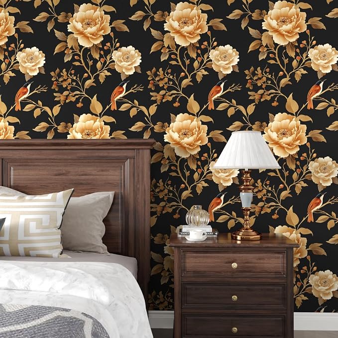 Laatse Vintage Floral Bird Wallpaper Peel and Stick Boho Wallpaper 17.5in x393in Black/Golden Floral Wall Mural Waterproof Self-Adhesive Modern Wall Paper for Bedroom Kitchen Cabinet Drawer Decor