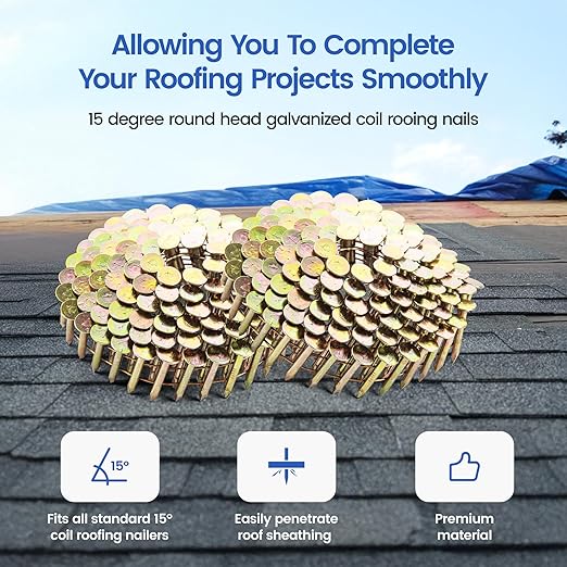 meite 7,200PCS Coil Roofing Nails 1-Inch Leg for Roofing Nailer Gun, 15 Degree Round Head Wire-Weld Collated Roofing Nails, Smooth Shank Electro Galvanized Nails for Roofs Repair Asphalt Shingles