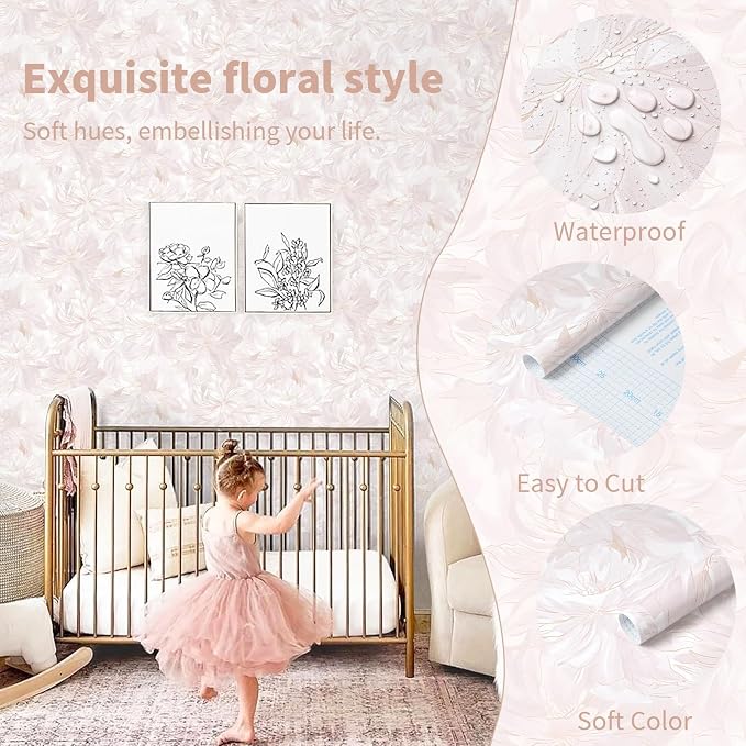 78.7"x17.3" Peel and Stick Wallpaper Pink Floral Boho Cute Contact Paper Pink Girly White Flower Wallpaper Removable Dorm Girls Wall Paper Self Adhesive Modern Kitchen Bedroom Vinyl Roll