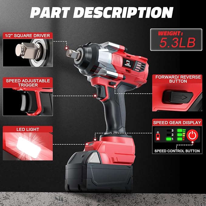 Cerycose Cordless Impact Wrench 1/2 inch for Milwaukee 18V Battery, 900Ft-lbs (1200N.m) Brushless High Torque Impact Gun (No Battery)