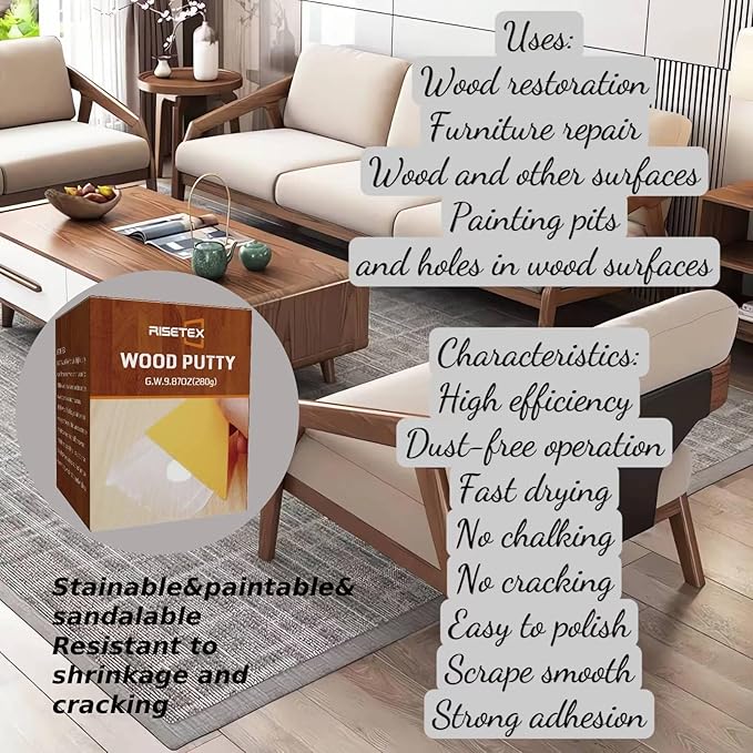 Wood Filler Putty - 9.87 oz, Walnut, Stainable & Paintable Repair Kit for Furniture, Quickly Fix Cracks, Chips, Nail Holes & Defects in Wood Floors & Cabinets - Easy Sanding