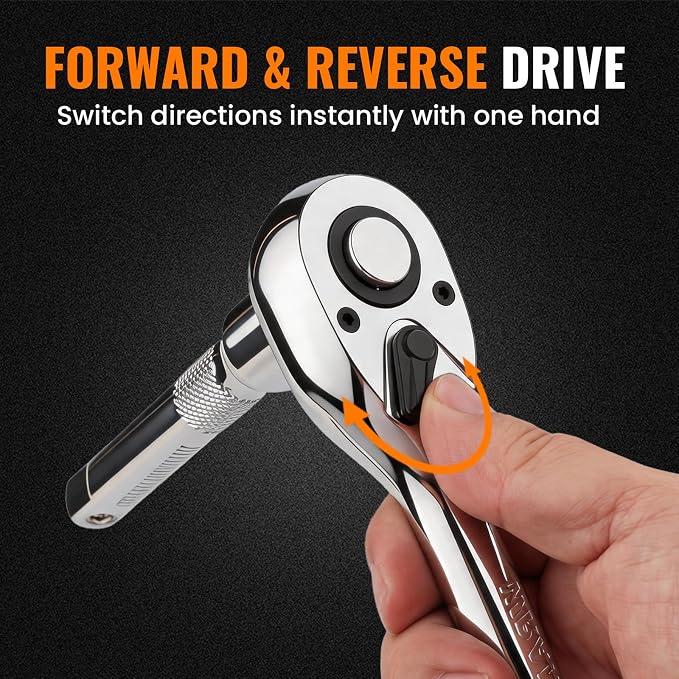 3/8“ Drive 90-Tooth Ratchet Wrench with Extension Bar | Socket Wrench, Reversible Design, Quick-Release, Cr-Mo Head, Cr-V Made, 4° Swing Arc, Full Polished