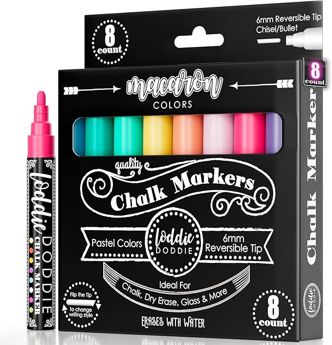Loddie Doddie Liquid Chalk Markers - Pack of 8 Macaron Pastel 6mm Tip - Dual Tip Fine & Bold Lines with Chalkboard Markers & Chalk Pens - Erasable Liquid Ink on Chalkboard Calendar & Blackboard