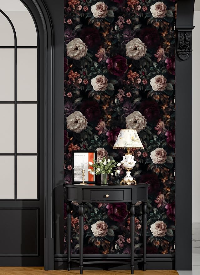 ILHIIOR Black/Pink Floral Peel and Stick Wallpaper 17.5 x 787 Inches | Leaf Removable Self Adhesive Waterproof Contact Paper, Renter Friendly Decor for Cabinets, Drawers & Bedroom Walls
