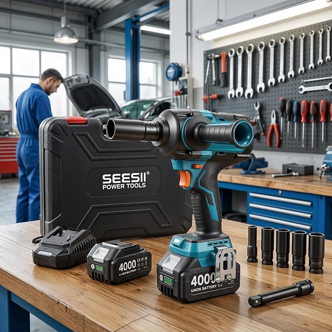 SEESII Upgraded Impact Wrench 1180 Ft-lbs (1600 N·m): 1/2" High-Torque Impact Gun with Detachable Side Handle, 21V Cordless Impact Driver 2x 4.0Ah Batteries for Car/Pickup Truck/Mower/Industrial Tasks