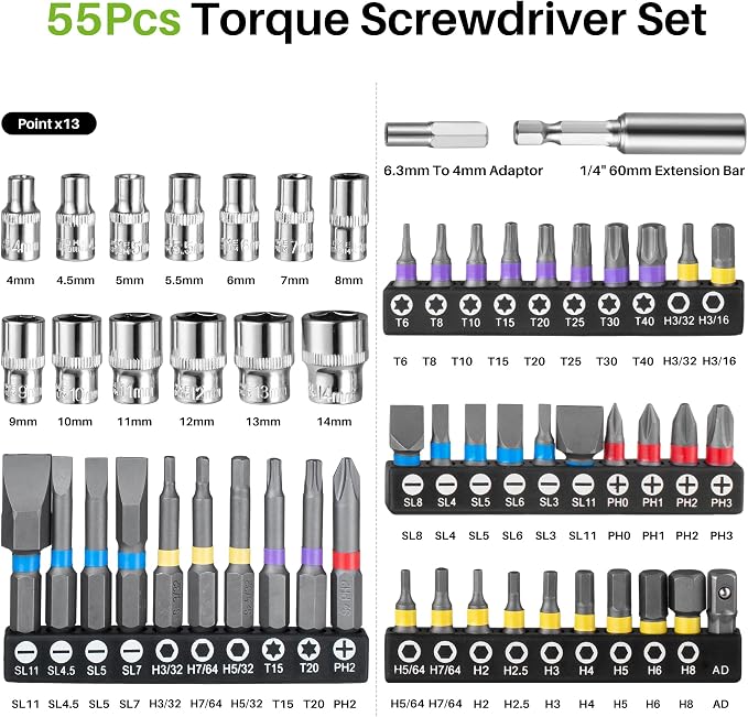 57Pcs 1/4" Drive Small Torque Wrench and Srewdriver Set-20-260In.Lb | 1/4"Torque Wrench(2.3-29.4N.m),10-80 Inch Pound Torque Screwdriver for Bike Moto Car,Gunsmithing,Precision,Small Engines DIY