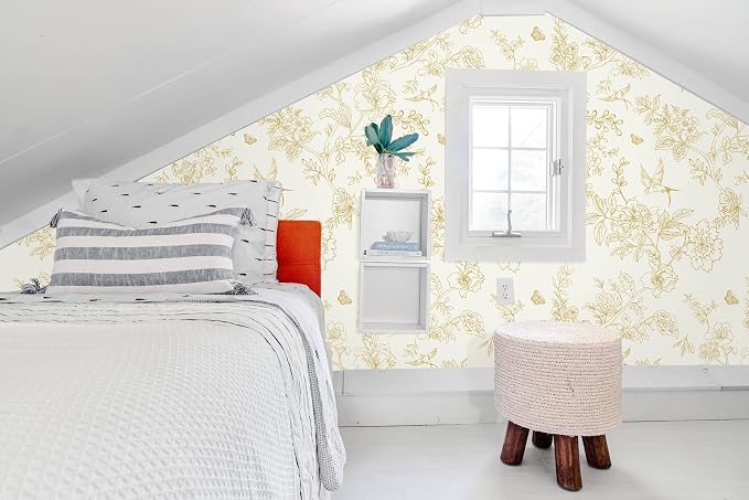 Froluya Cream White and Gold Floral Wallpaper Peel and Stick Wallpaper 17.7"x196.8" Vintage Floral Removable Self Adhesive Wall Paper for Bedroom Boho Contact Paper Peel and Stick Decorative Cabinets