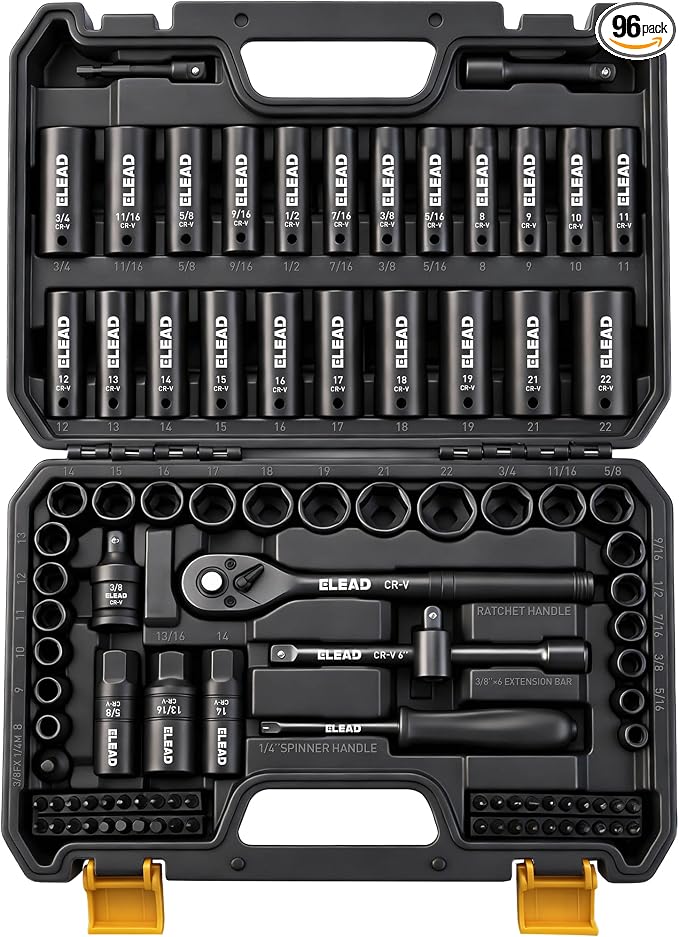 96-Piece 3/8" Drive Impact Socket Set, SAE(5/16 to 3/4-Inch) & Metric(8-22mm), Standard & Deep Sockets, Ratchet Handle, Bit Set, Universal Joint, Extension Bar, Adapters, Spark Plug Sockets