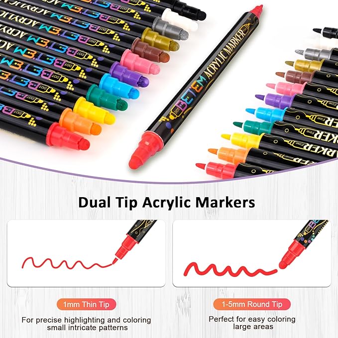 Betem 12 Colors Dual Tip Acrylic Paint Markers, Fabric Decorating Kits Premium Water-Based Acrylic Paint Pens Art Supplies for Fabric, Rock, Wood, Glass, Canvas, Ceramic, Teacher Appreciation Gift