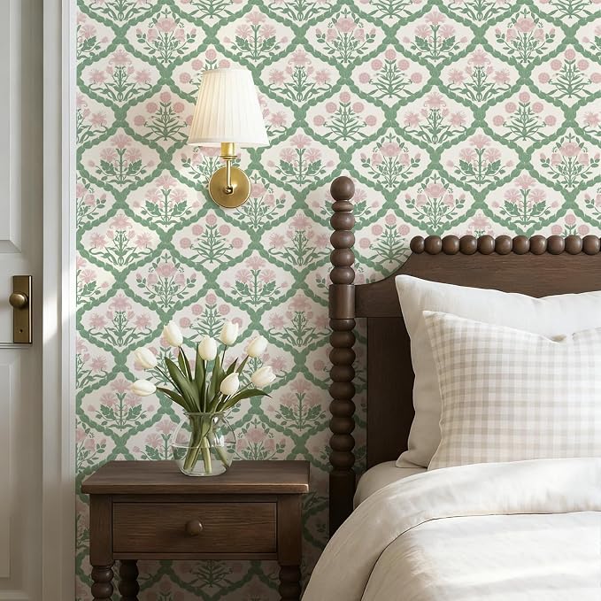 Pink Floral Peel and Stick Wallpaper Vintage Wall Paper Boho Pink Floral Damask Wallpaper for Bedroom Decorative Self Adhesive Shelf Drawer Liner 17.3" x 78.7"