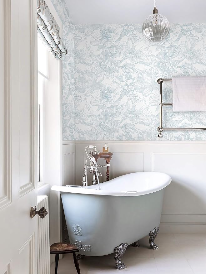 Ismoon Large Floral Peel and Stick Wallpaper Boho White and Blue Contact Paper 17.3inx32.7ft Modern Wall Paper Removable Self Adhesive Vinyl Wallpaper for Bedroom Cabinet Waterproof Mural Wall Decor