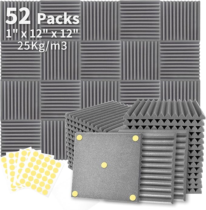 Focusound 52 Pack Grey Acoustic Foam Panels 1" x 12" x 12" Sound Proof Foam Panles Soundproofing Noise Cancelling Wedge Panels for Home Office Recoding Studio with 300PCS Double-Side Adhesive