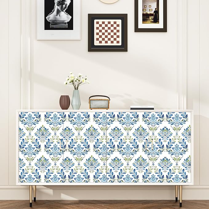BOKEBEVE Boho Floral Peel and Stick Wallpaper Blue White 17.5 x 393.5In | Extra Long Leaf Contact Paper Modern Wall Paper for Bedroom Accent Walls Laundry Nursery Pantry Renter Friendly Removable