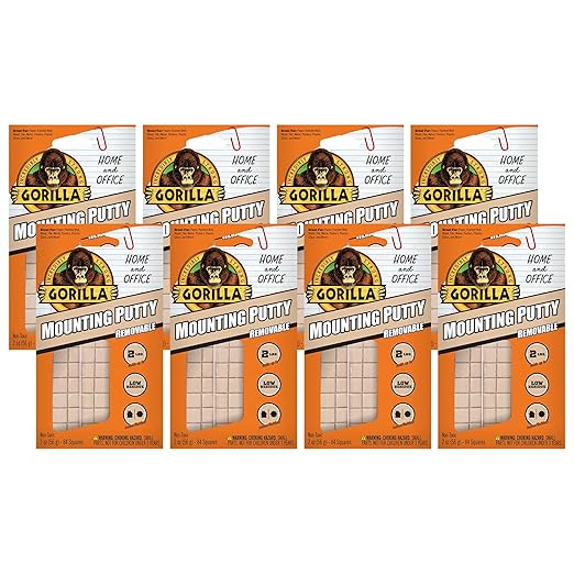 Gorilla Mounting Putty, Natural Tan Color, 84 Pre-Cut Squares (Pack of 8) - Non-Toxic Removable & Repositionable Wall Putty