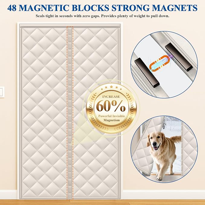 Customizable Magnetic Thermal Insulated Door Curtain, 5 Layers Oxford&Cotton Cover Blanket Insulation for Winter/Doorway/Attic/Patio/Sliding Glass/Front/Back/French Doors, Keep Cold Air Out, Beige