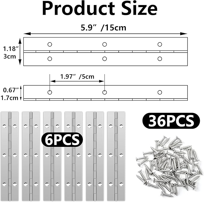 6 PCS 6 Inch Stainless Steel Piano Hinge Heavy Duty with 36 Pcs Screws for Cabinets Boat Marine Door DIY Woodworking Storage Box Hatche Furniture Hardware Silvery