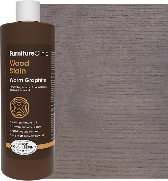 Furniture Clinic Wood Stain | Warm Graphite | Water Based | Fast Drying, Low Odor, & Non-Toxic | for Indoor & Outdoor Furniture and More | Multiple Finishes | (17oz / 500ml)