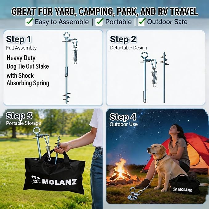 23" Dog Tie Out Stake with Spring, 20ft Cable & Chew Toy, Heavy Duty 304 Stainless Steel Anchor, 2x360° No Tangle Swivel for Large Medium Dogs, Yard & Camping (Stake/20ft Cable/Toy/250lbs)