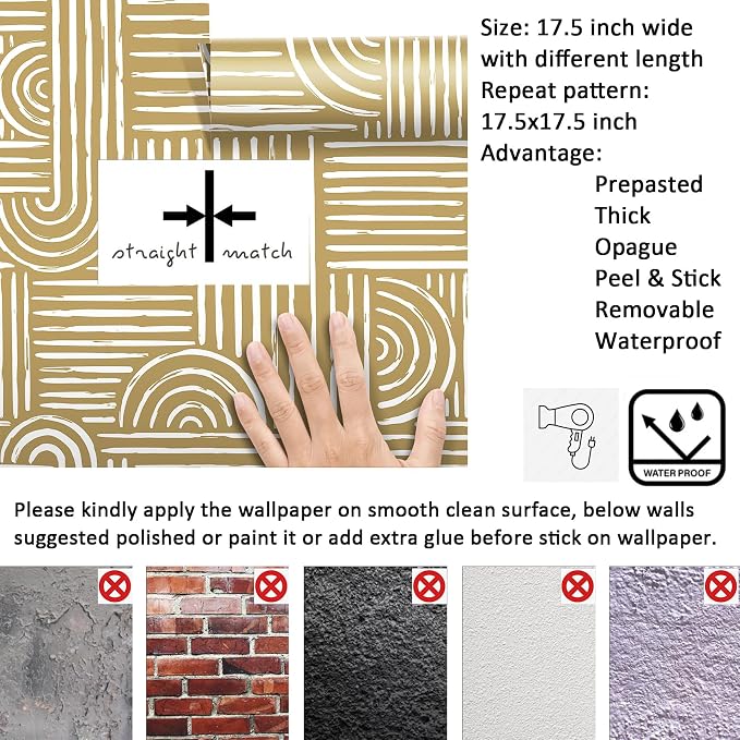 Livelynine Geometric Abstract Peel and Stick Wallpaper White and Gold Mid Century Modern Neutral Mustard Yellow Golden Beige Designs Wallpaper Boho Contact Paper Rolls Minimalist Removable 17.5x78.8