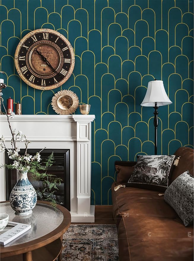 Yasinet Peel and Stick Wallpaper Green and Gold Wallpaper Dark Green Contact Paper Modern Geometric Removable Self Adhesive Wall Paper for Bedroom/Cabinet Waterproof for Bathroom Vinyl 17.3''x118''
