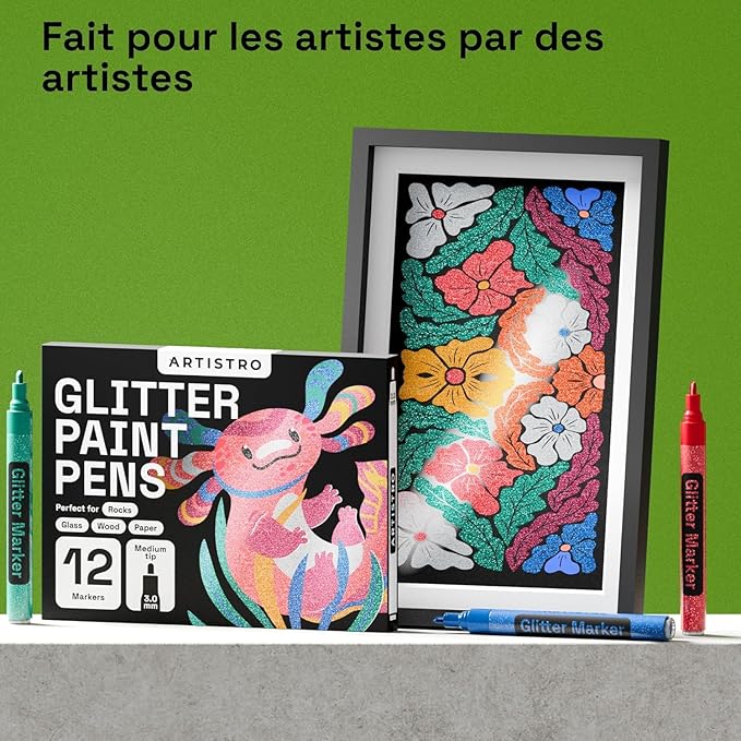 ARTISTRO 12 Glitter Paint Pens for Glass Marking, Rock Painting, Ceramic, Wood, Fabric, Scrapbooking, DIY Craft Making, Coloring - Acrylic Paint Markers Medium Tip 3mm