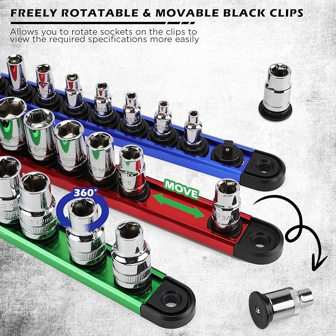 18-Piece Magnetic Socket Holder Organizer Set (Holds 240 Sockets), Heavy Duty 1/2, 3/8, 1/4-Inch Socket Racks Premium Quality Socket-Clip Rail Holder Aluminum Sockets Rack Kit for Tool Box Drawer