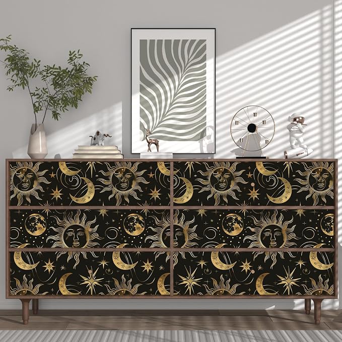 Laatse Black Peel and Stick Removable Vintage Wallpaper Gold Celestial Sun Moon Star Contact Paper 17.5" x 118" Dark Boho Mural Waterproof for Wall Bedroom Kitchen Bathroom Cabinet Room Decor